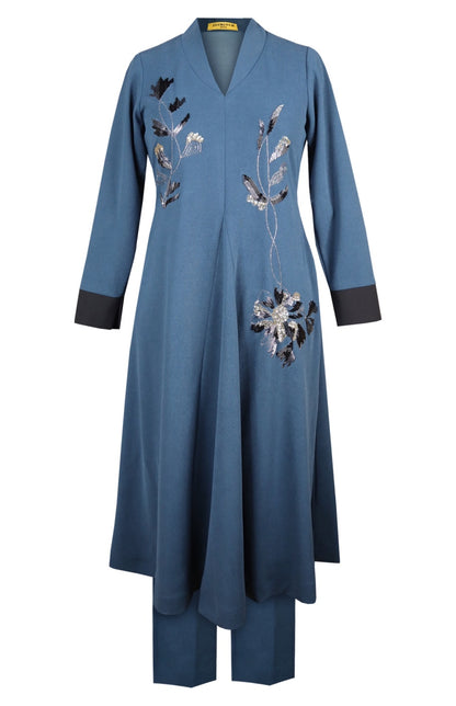 Daisy Kurta Set With Shawl Collar - INDIGO