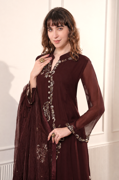 Georgette Kalidar Suit With Mukaish Embroidery - BOTTLE GREEN