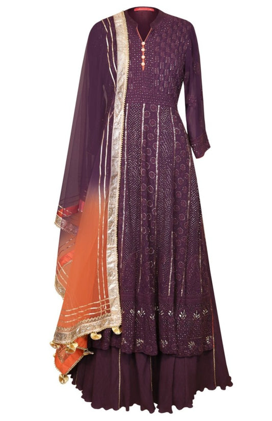 Deep Wine Lucknowi Anarkali With Crinkled Skirt