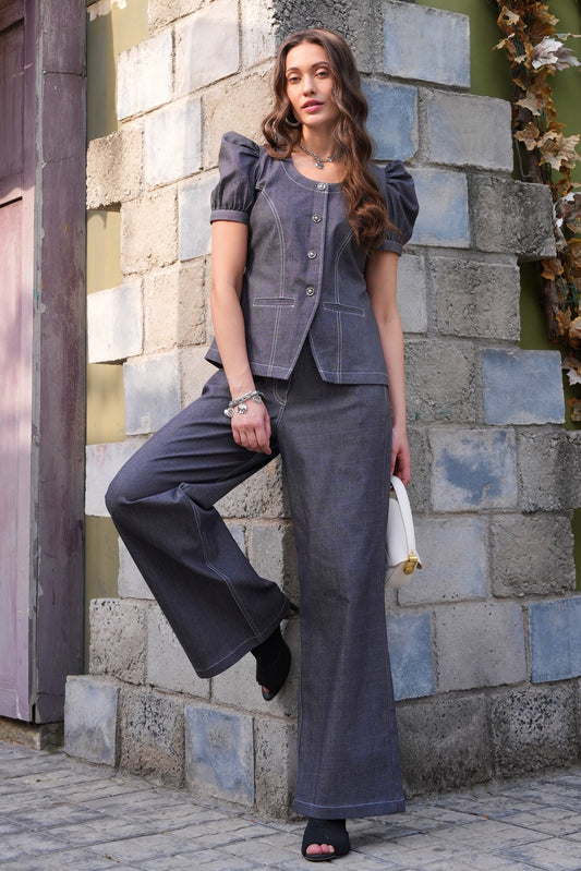 Denim Co-ord Set With Puff Sleeves