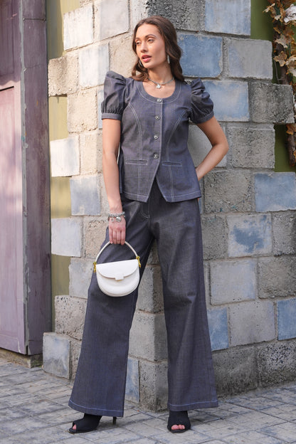 Denim Co-ord Set With Puff Sleeves