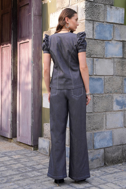 Denim Co-ord Set With Puff Sleeves