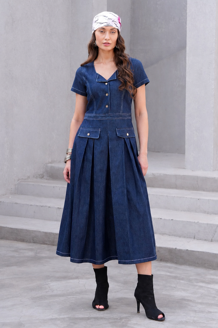 Denim Flared Midi Dress