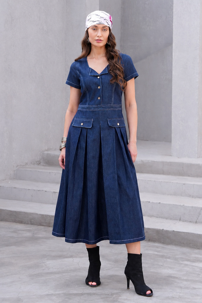 Denim Flared Midi Dress