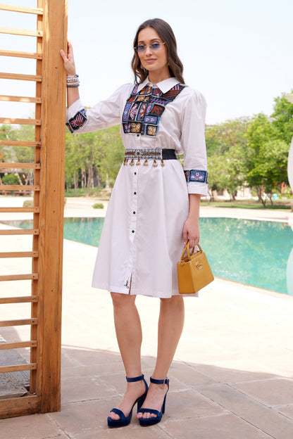 Denim Patches Shirt Dress - WHITE