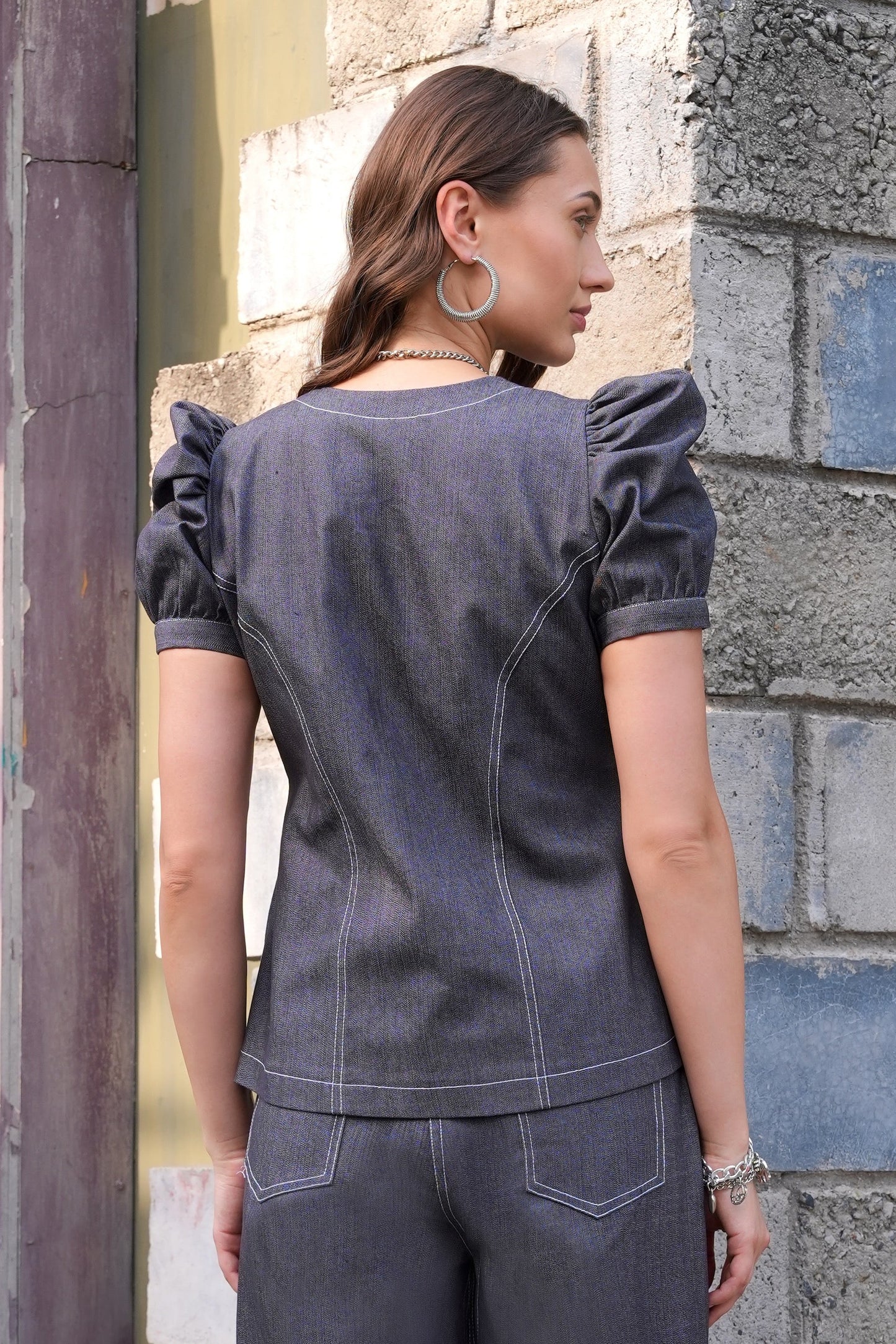 Denim Top With Puff Sleeves