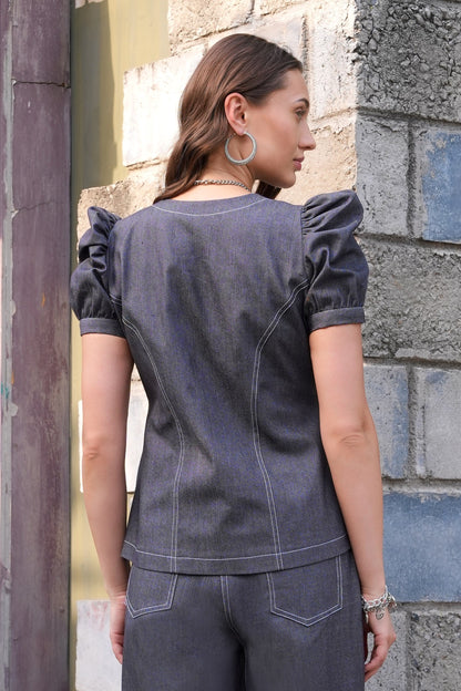 Denim Top With Puff Sleeves
