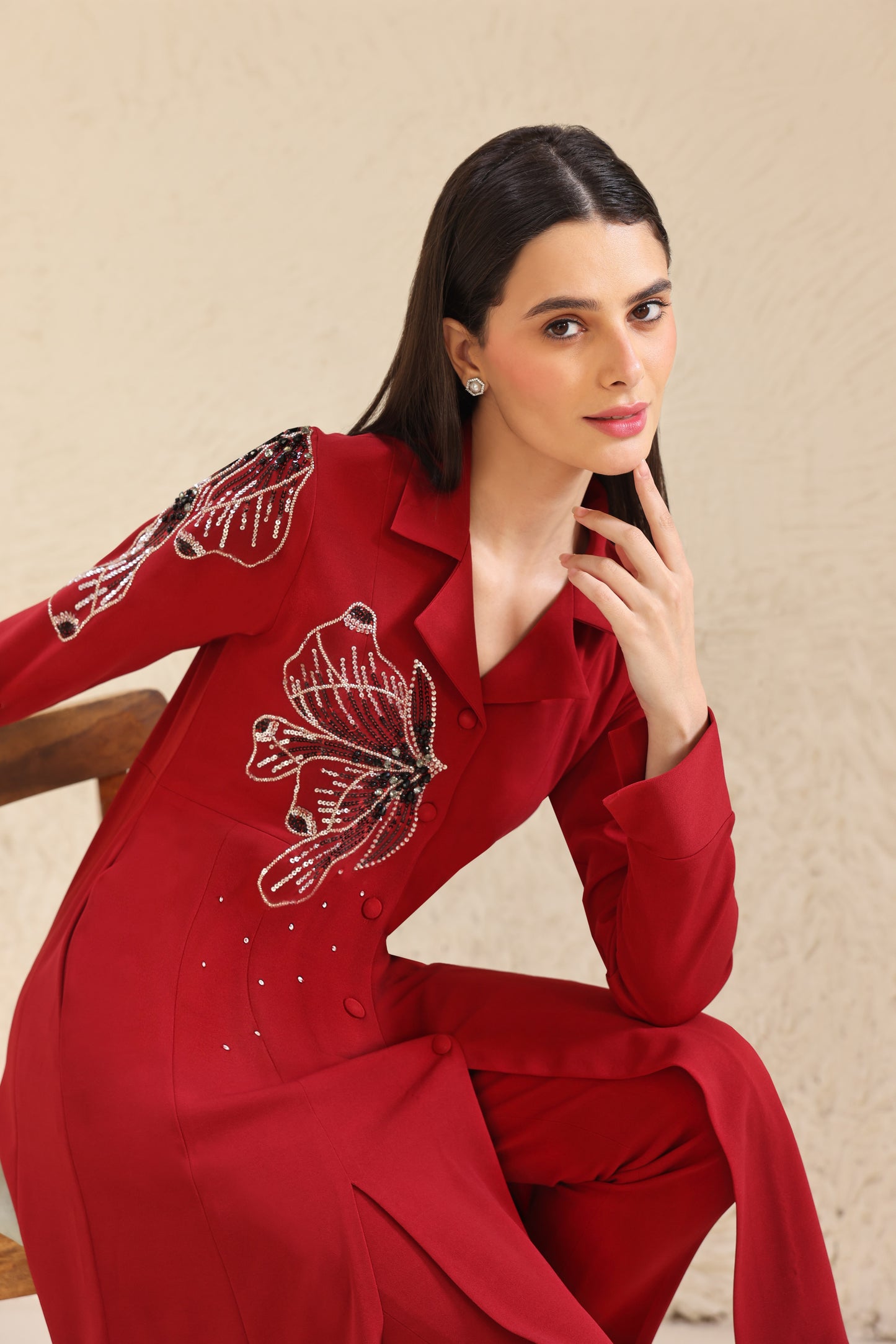 Glasswing Double Breast Kurta Set - RED