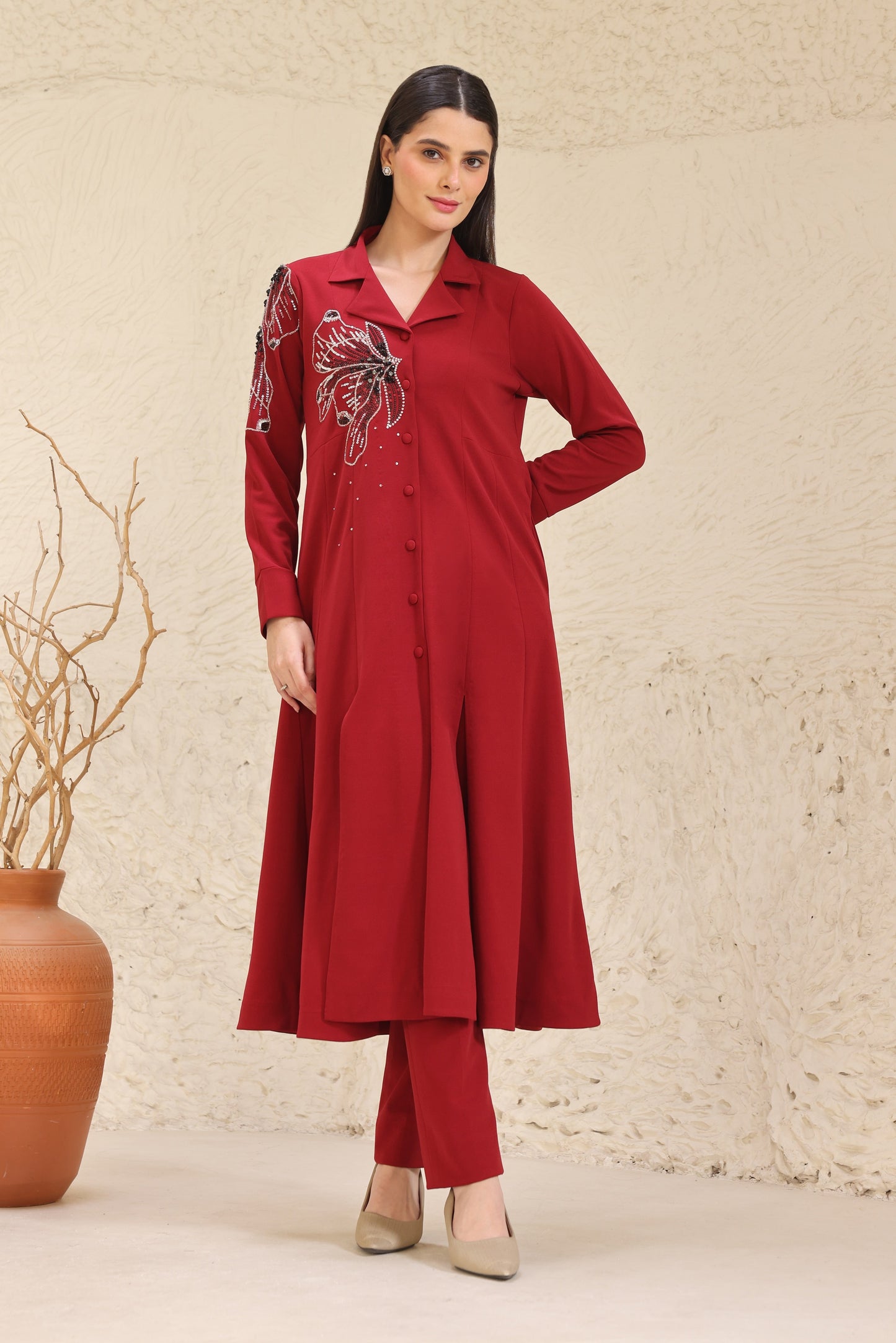 Glasswing Double Breast Kurta Set - RED