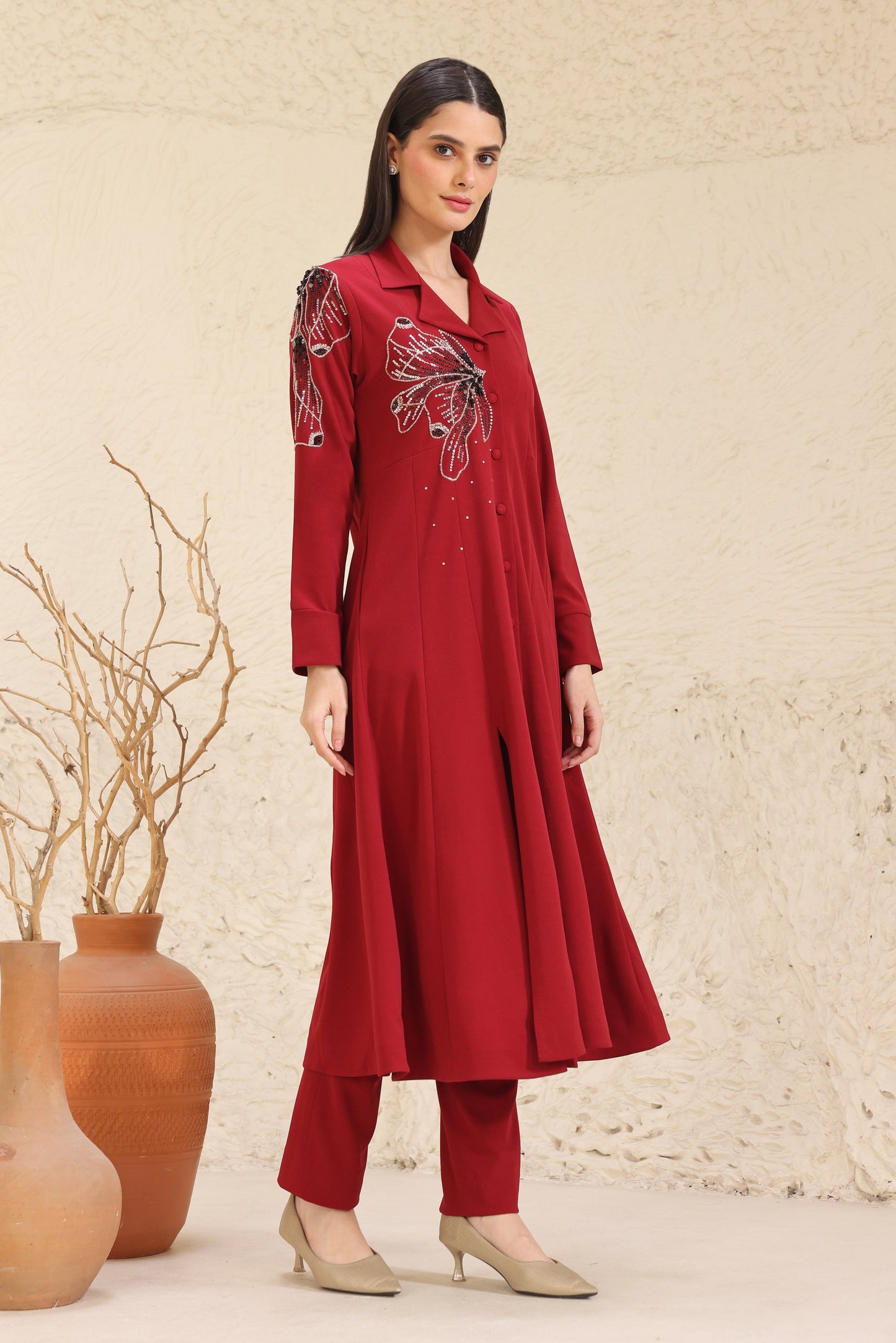 Glasswing Double Breast Kurta Set - RED