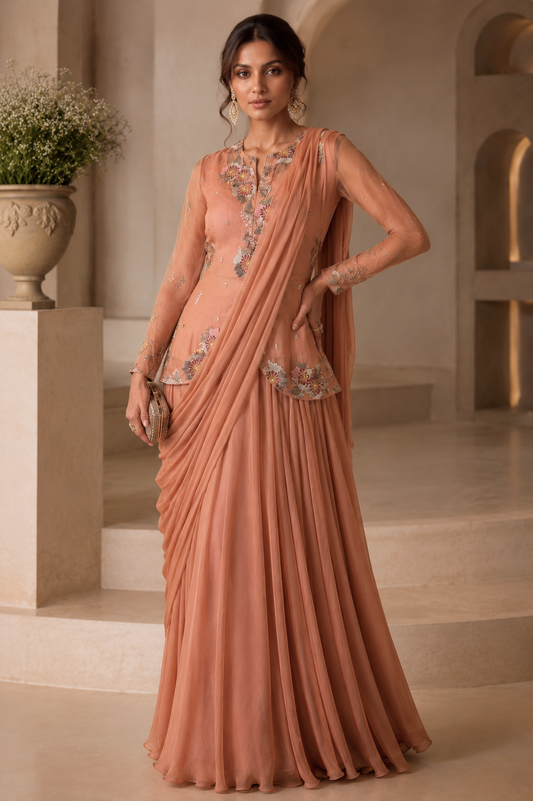 Draped Gown With Short Jacket - OLD ROSE