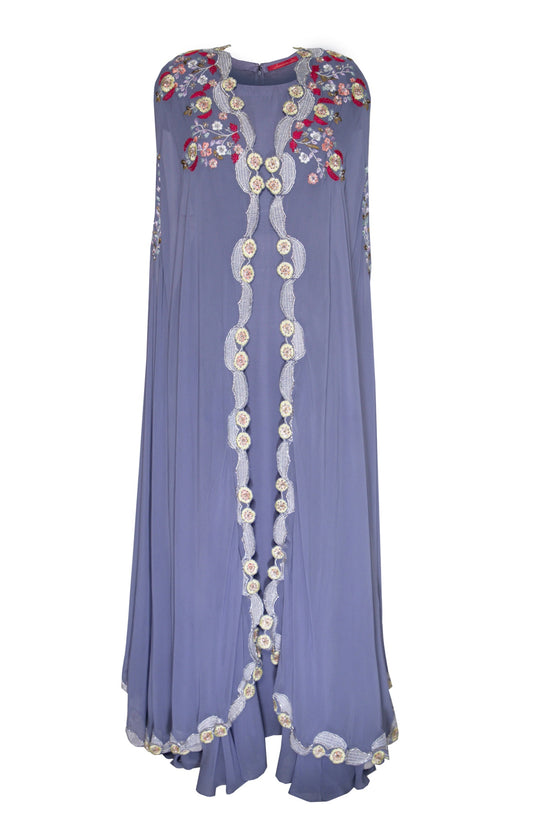 Dusty Blue Georgette Gown With Embroided Cape