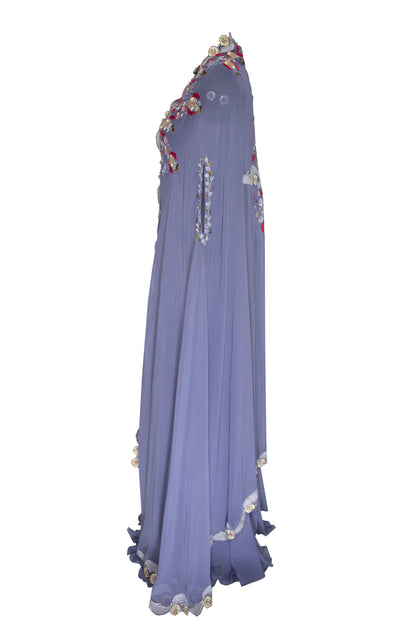 Dusty Blue Georgette Gown With Embroided Cape