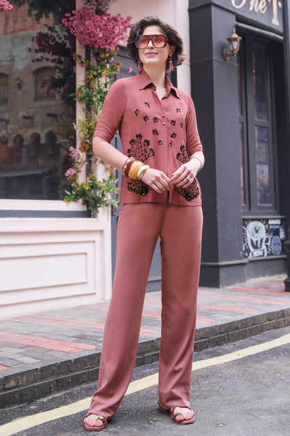Ferns Double Layer Shirt Co-ord Set - DUSTY ROSE