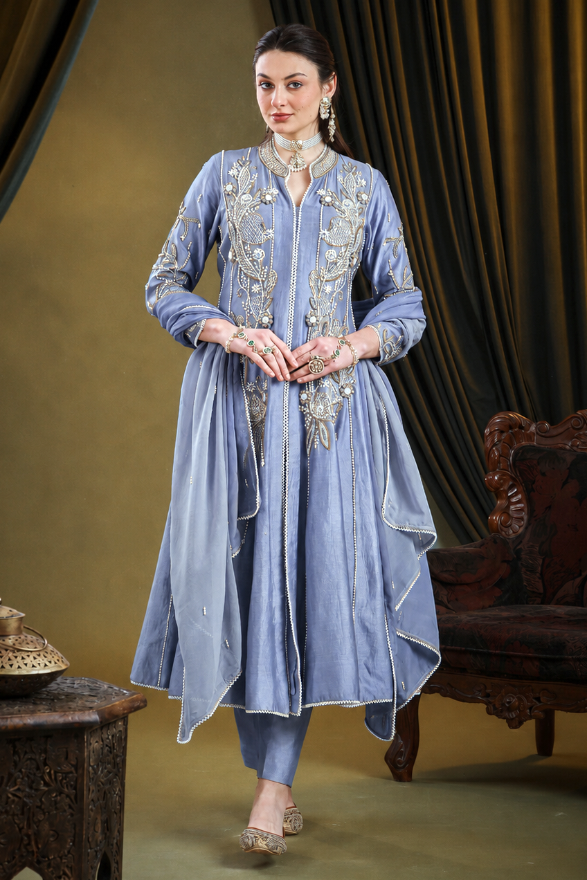 Kora Silk Anarkali With 3D Pearl Embroidery