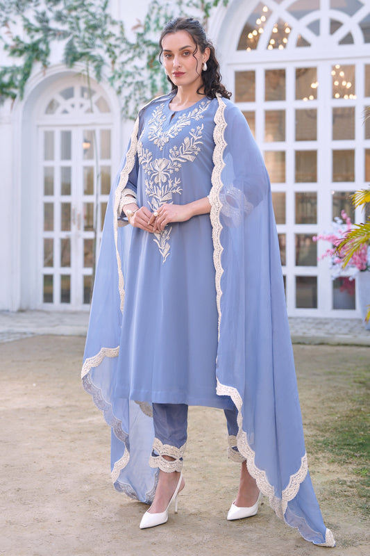 Seed Pearl Georgette A-line Suit - DUSTY BLUE