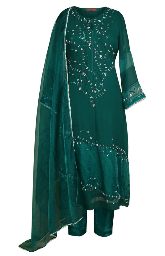 Georgette Suit With Organza Block - EMERALD GREEN