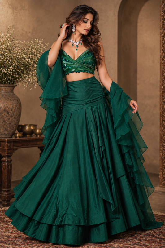 Wrap Around Top With Silk Skirt - EMERALD GREEN