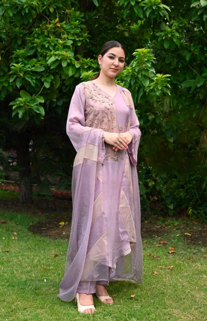 Colour Block Chiffon Suit With Dabka Embroidery