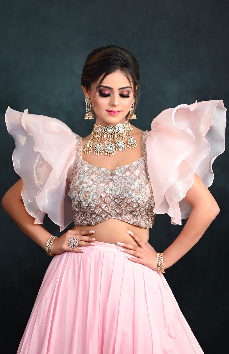 Blush Pink Ruffled Sleeve Crop Top With Chiffon Skirt