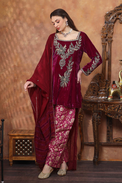Silk Velvet Short Anarkali With Brocade Farshi - PLUM
