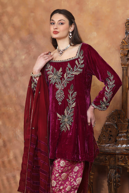 Silk Velvet Short Anarkali With Brocade Farshi - PLUM