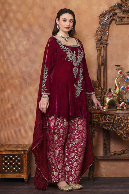 Silk Velvet Short Anarkali With Brocade Farshi - PLUM