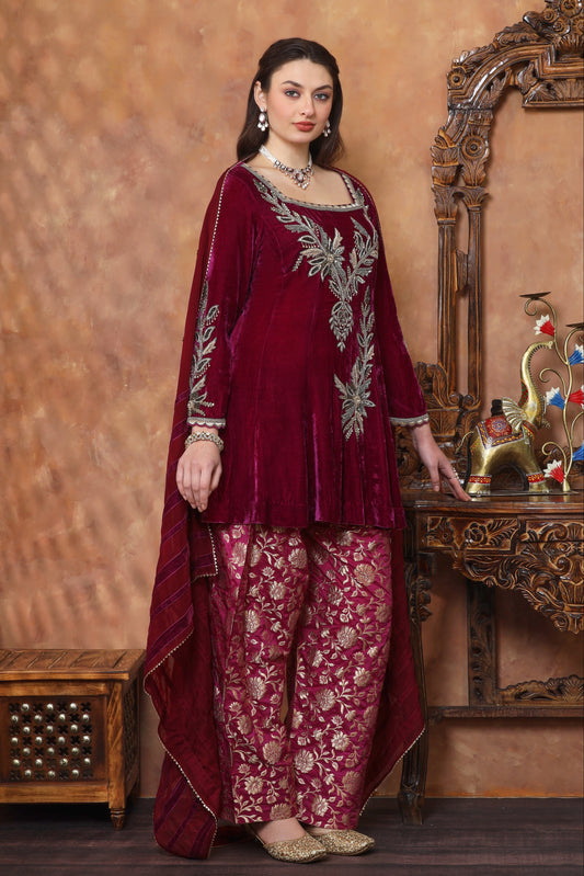Silk Velvet Short Anarkali With Brocade Farshi - PLUM