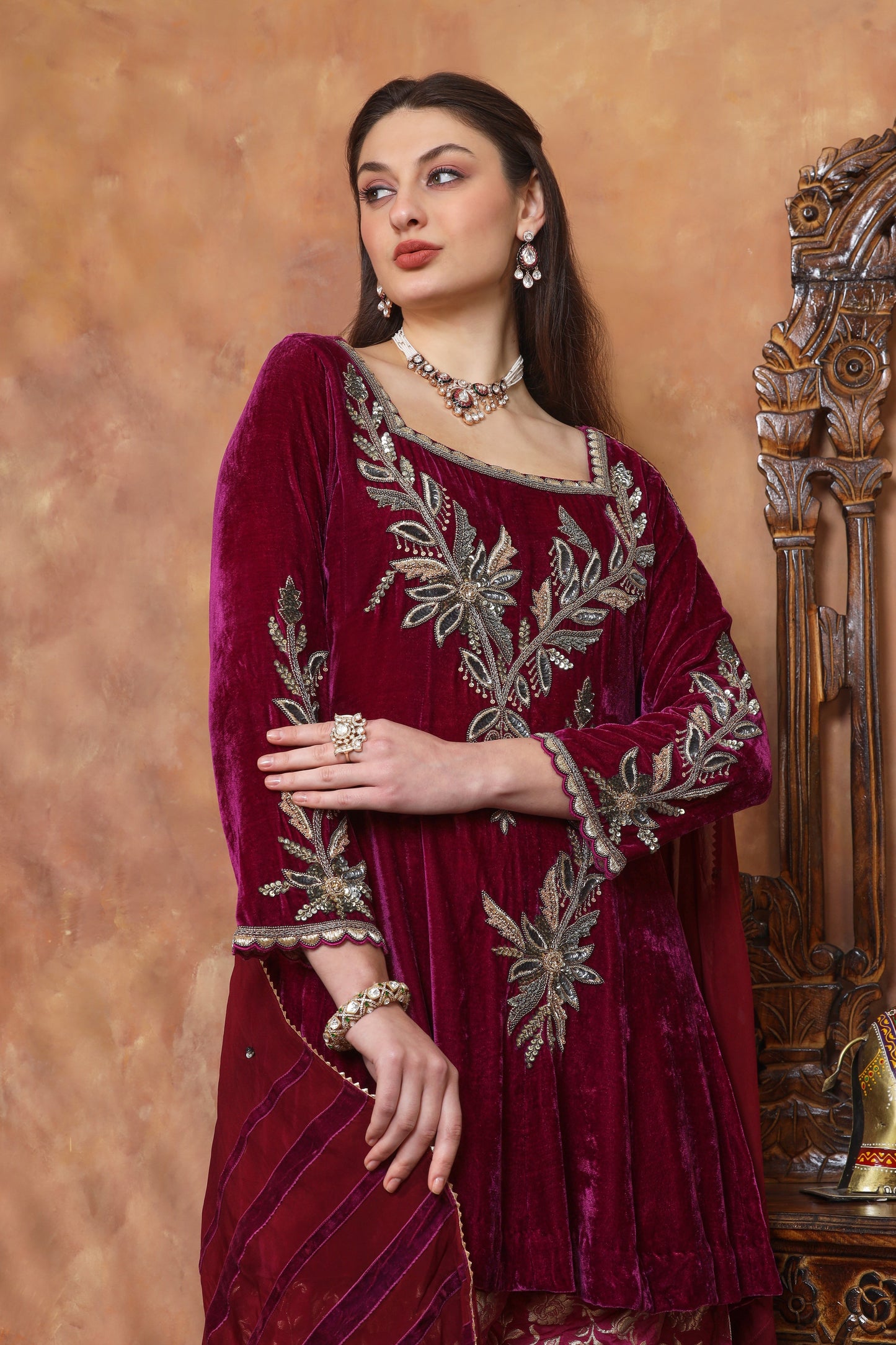 Silk Velvet Short Anarkali With Brocade Farshi - PLUM