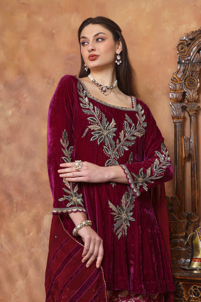 Silk Velvet Short Anarkali With Brocade Farshi - PLUM