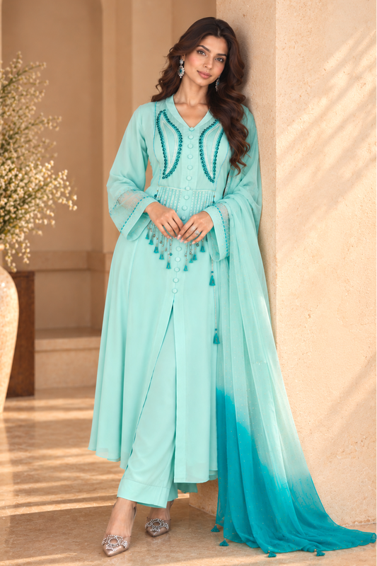 Feathers A-line Georgette Suit - MINT