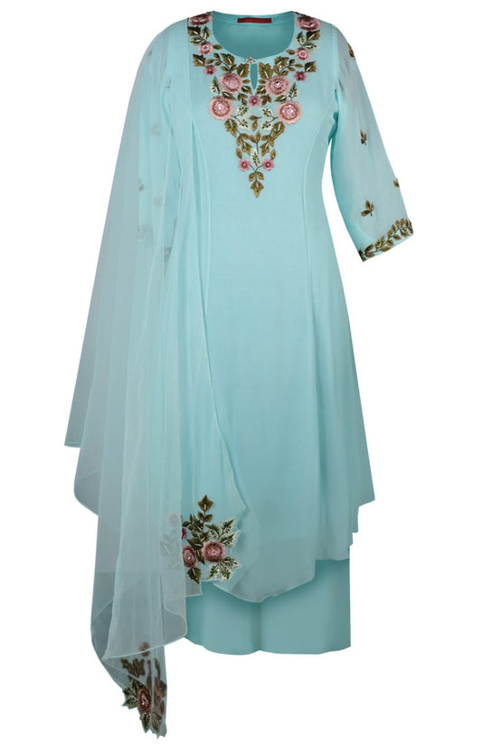 Georgette A-line Kurta Set With Floral Bunches