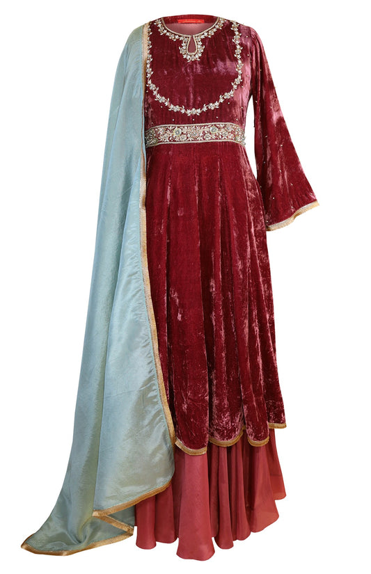 Garnet Velvet Anarkali With Sharara