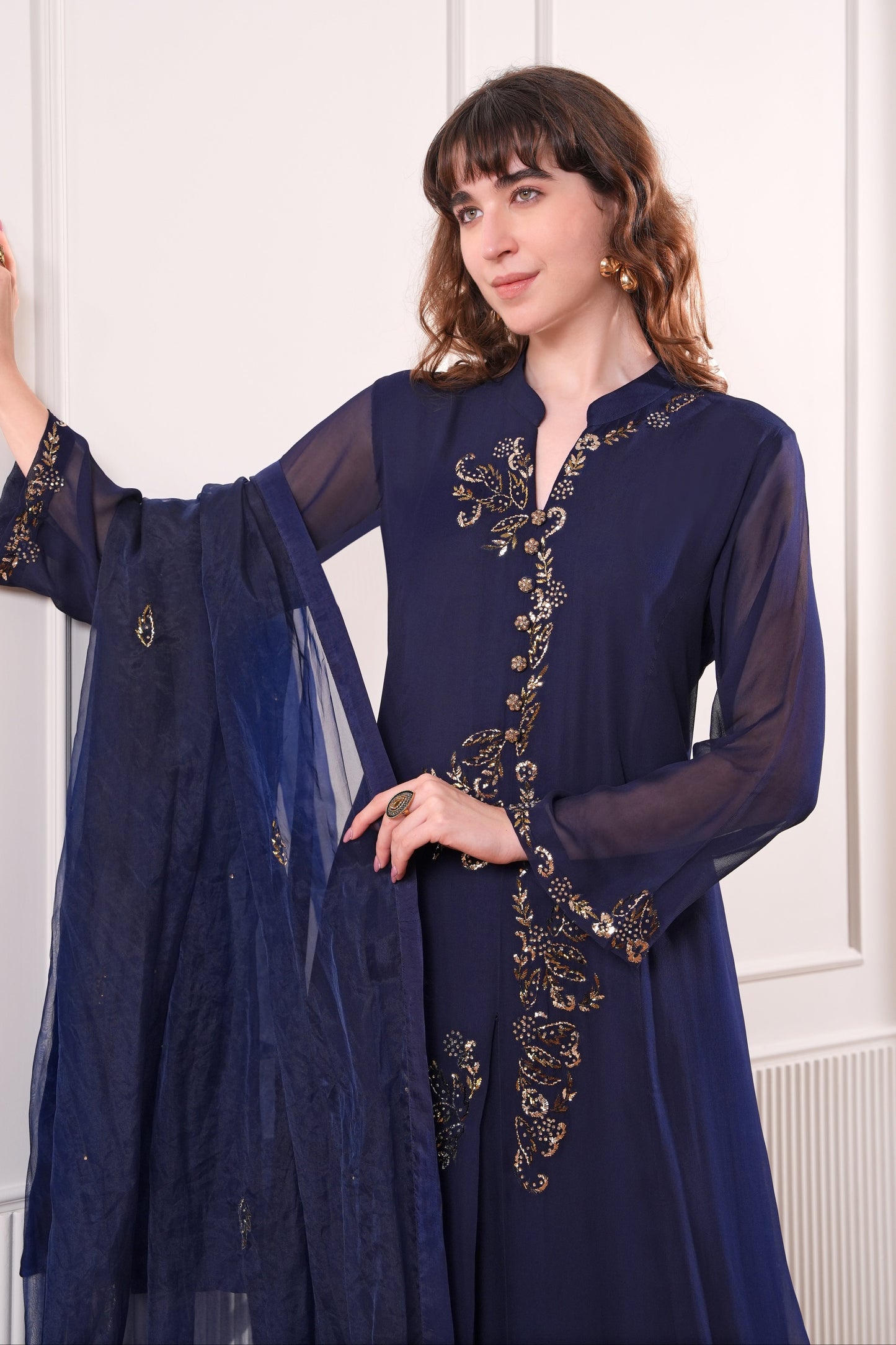 Georgette Kalidar Suit With Mukaish Embroidery - MIDNIGHT BLUE