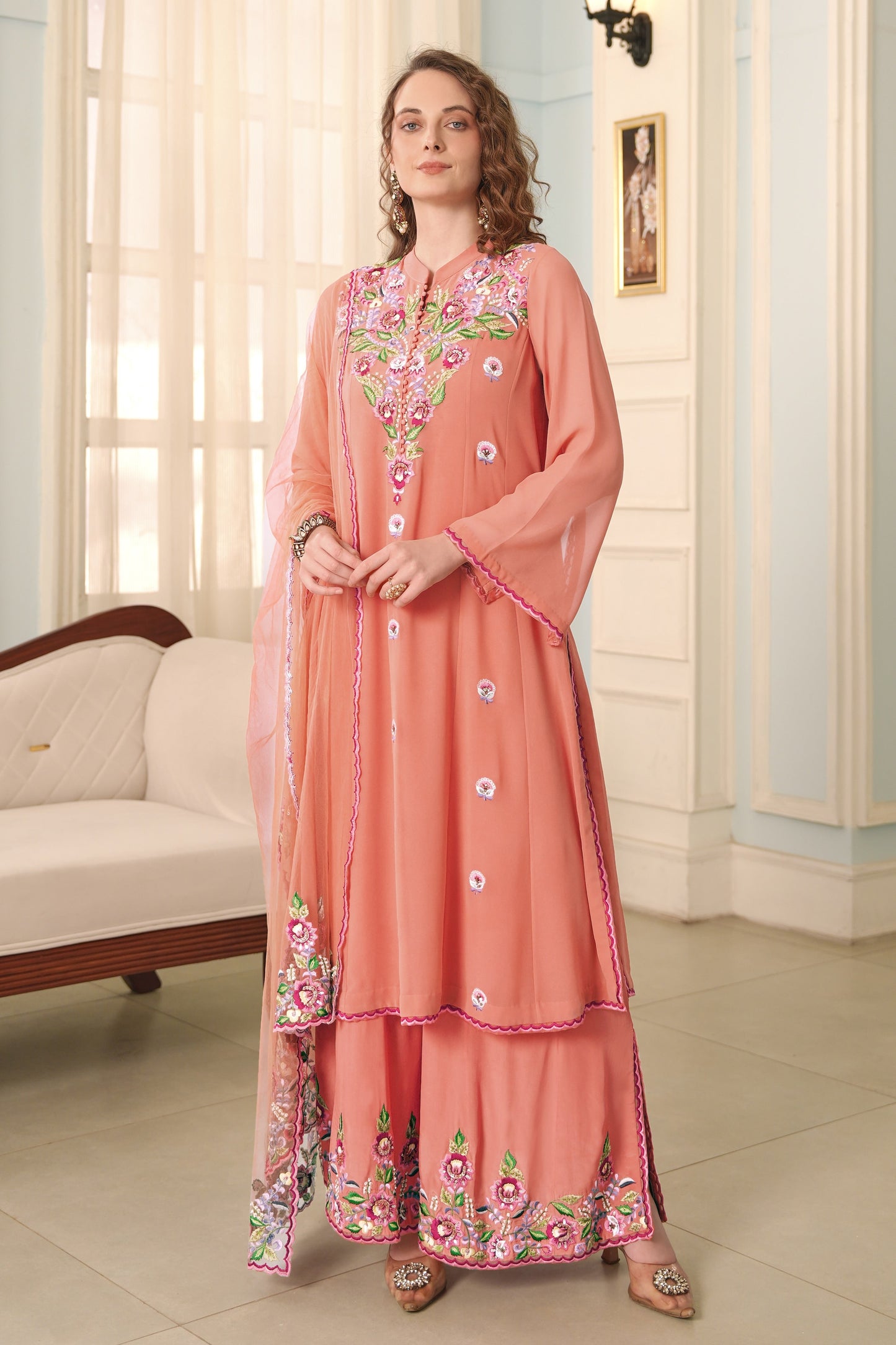 Georgette Kalidar Suit With Thread Embroidery - PEACH