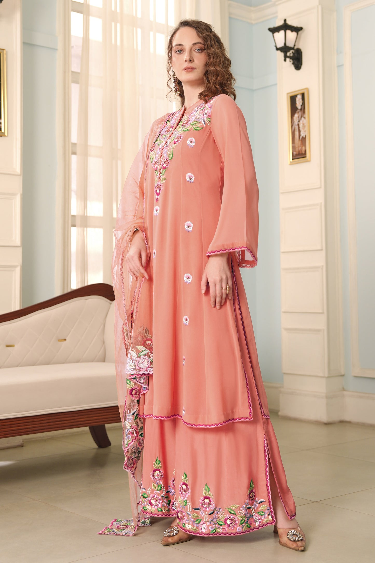 Georgette Kalidar Suit With Thread Embroidery - PEACH