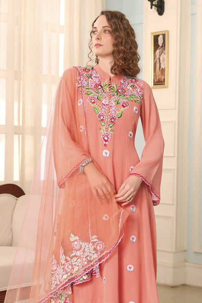 Georgette Kalidar Suit With Thread Embroidery - PEACH