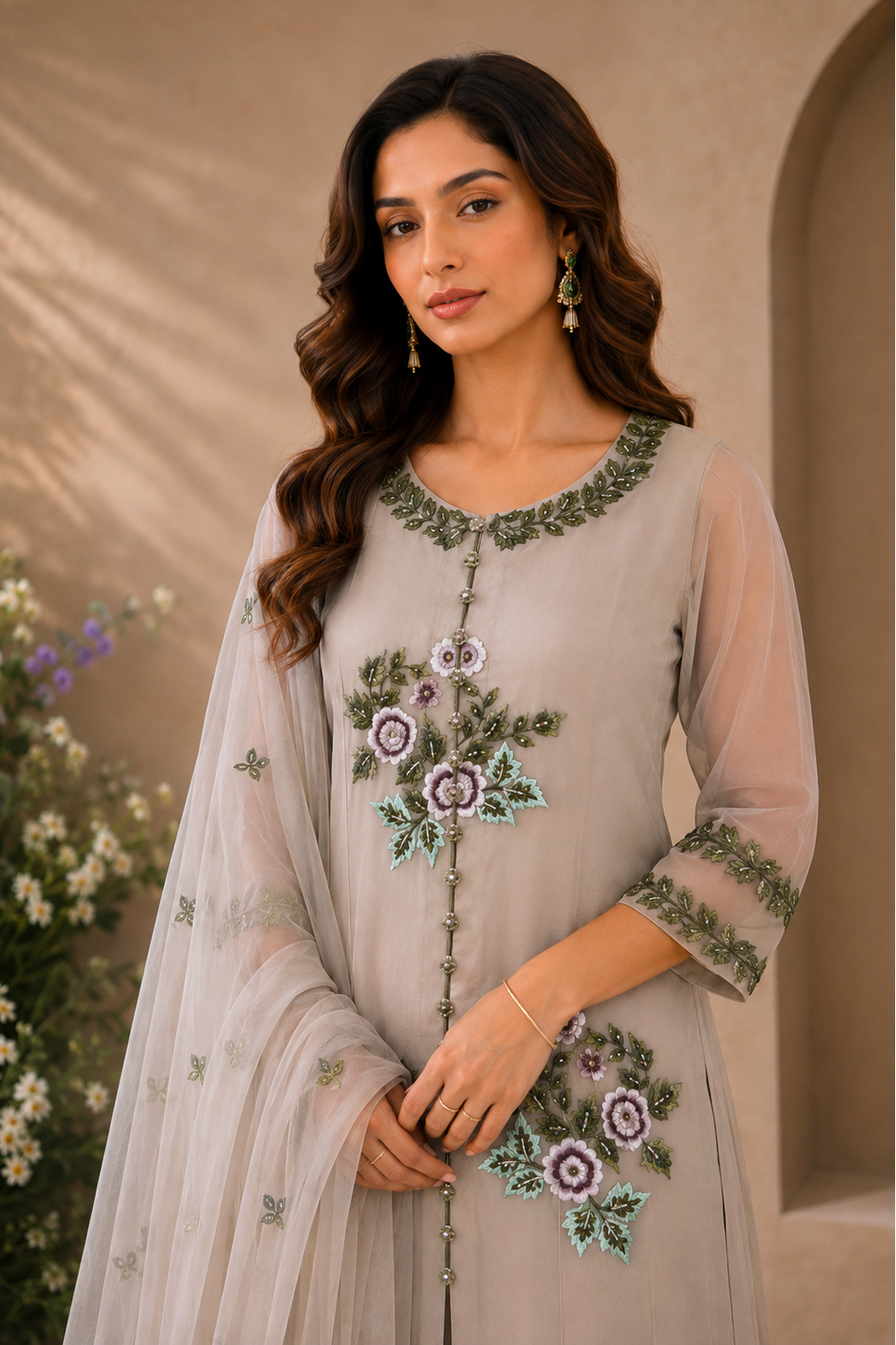 Georgette Suit With Floral Bunches - BEIGE