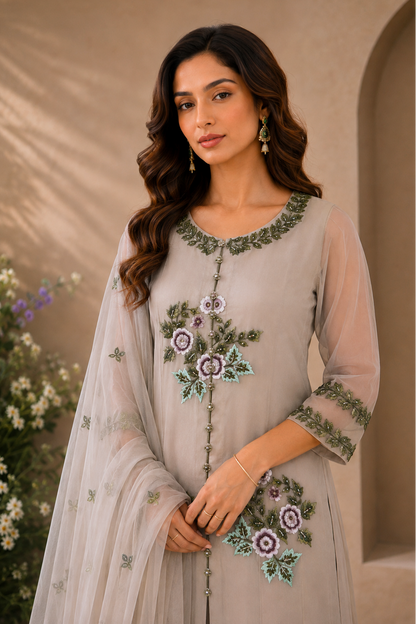 Georgette Suit With Floral Bunches - BEIGE