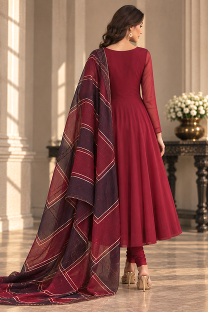 Georgette Anarkali With Colour Block Dupatta - MAROON