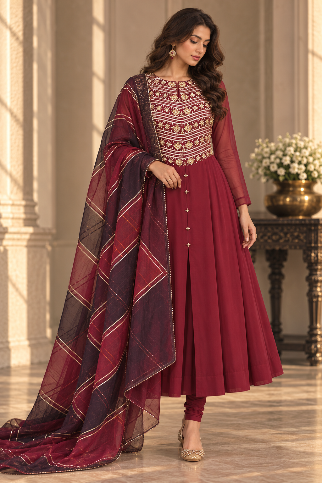 Georgette Anarkali With Colour Block Dupatta - MAROON