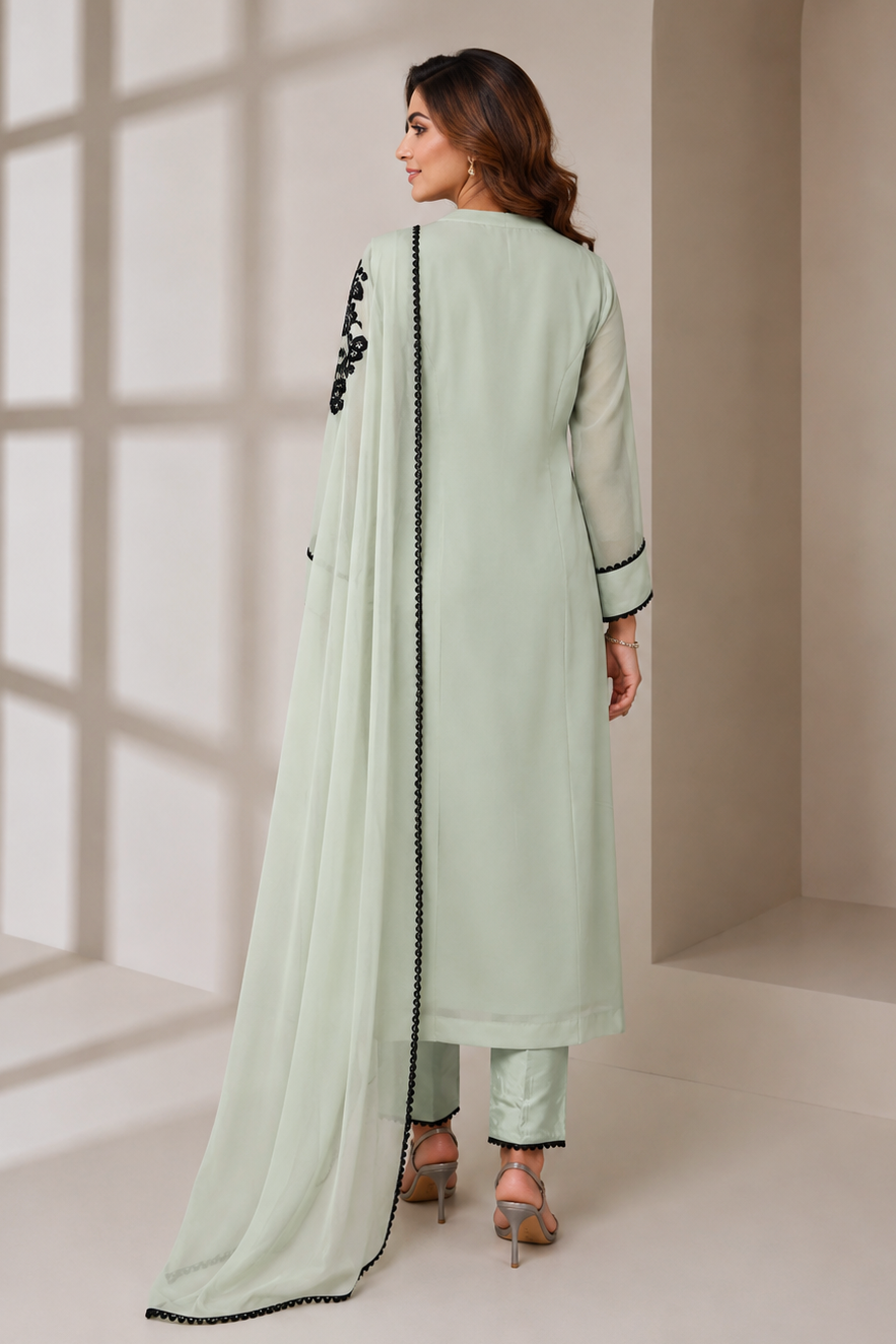 Georgette Black Motif Embroidery Suit - SAGE GREEN