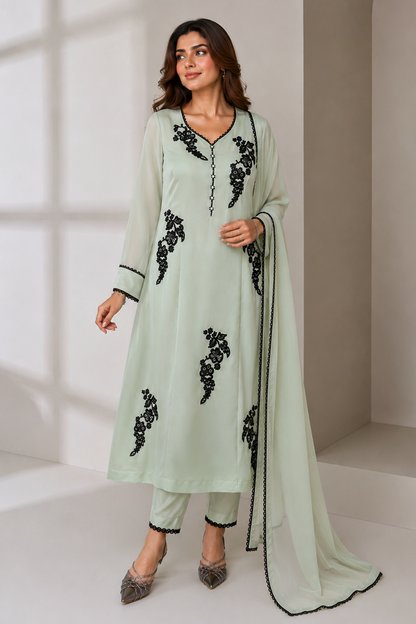 Georgette Black Motif Embroidery Suit - SAGE GREEN