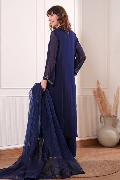 Georgette Kalidar Suit With Mukaish Embroidery - MIDNIGHT BLUE