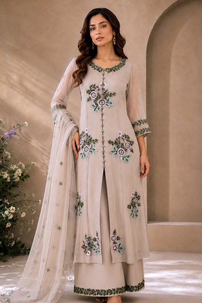 Georgette Suit With Floral Bunches - BEIGE