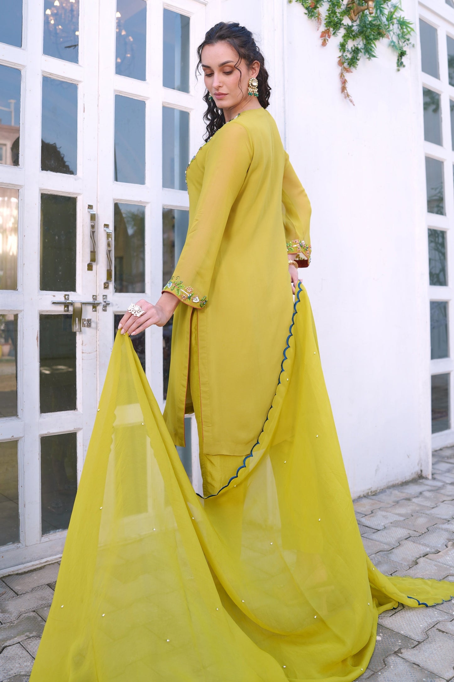 Georgette Suit With Glass Beads Embroidery - LIME GREEN