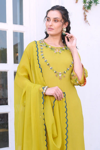 Georgette Suit With Glass Beads Embroidery - LIME GREEN