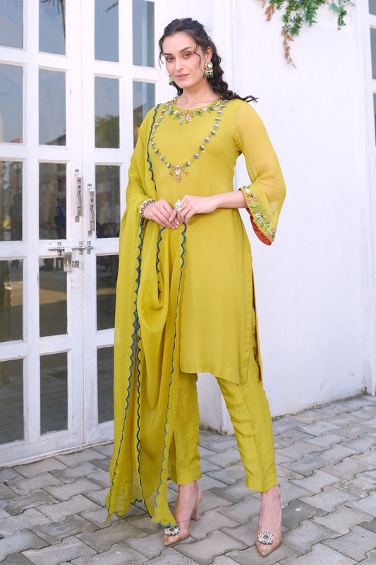 Georgette Suit With Glass Beads Embroidery - LIME GREEN