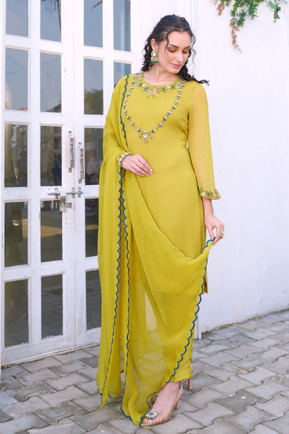 Georgette Suit With Glass Beads Embroidery - LIME GREEN