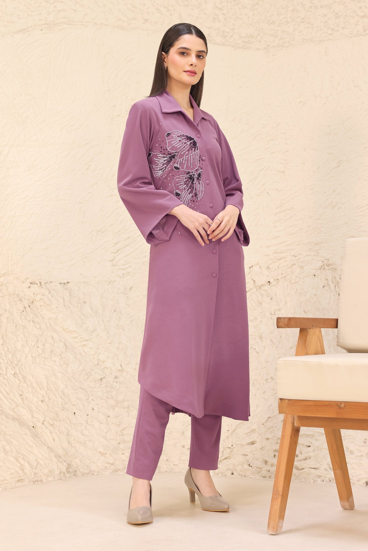 Glasswing Asymmetric Kurta Set - MAUVE
